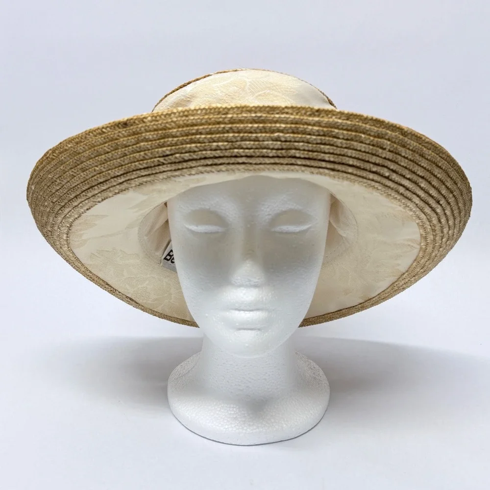 Betmar New York Womens Straw Sun Hat Cream Floral Jacquard Wide Brim New